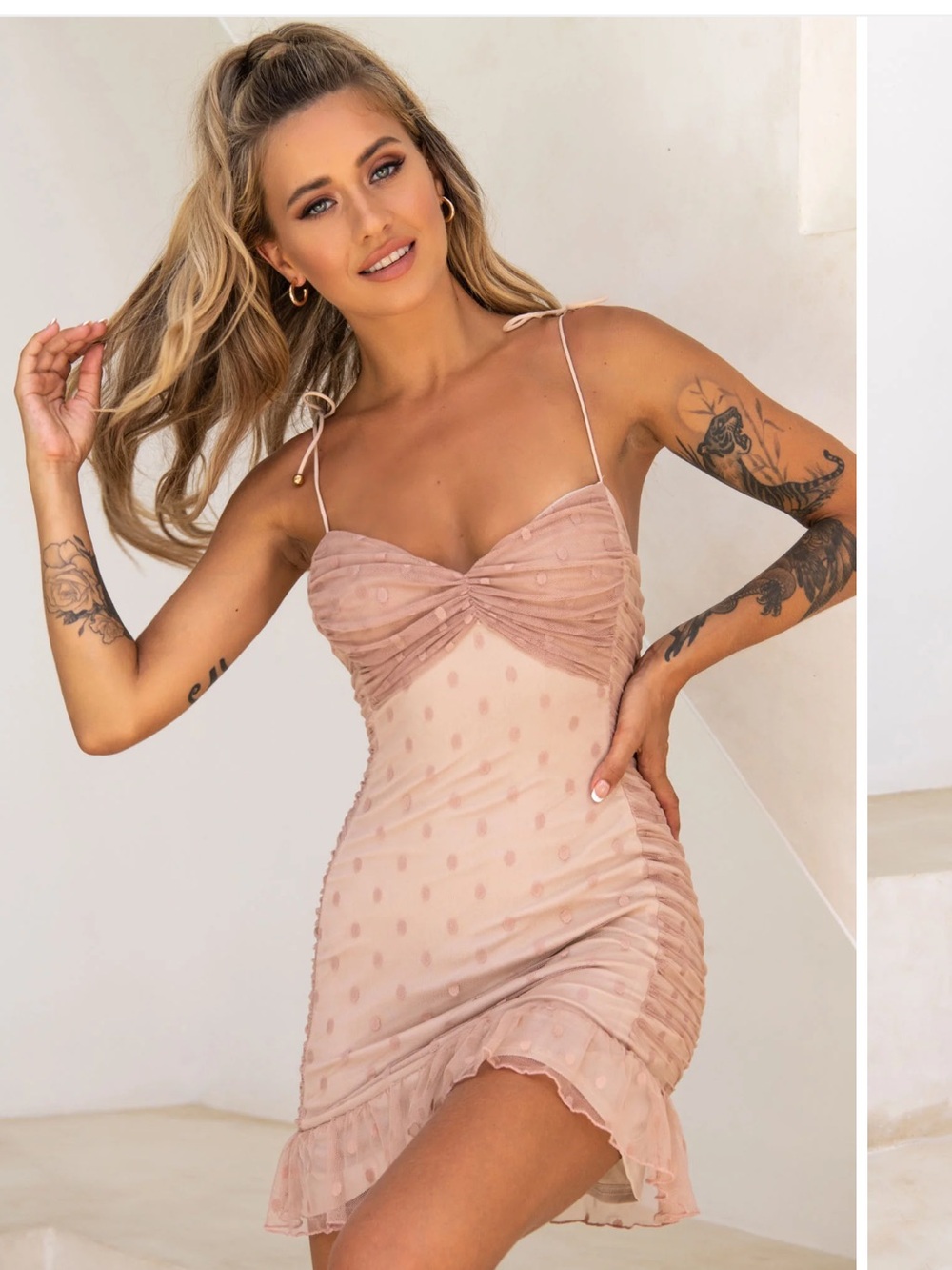 Nude Pink Polka Dot Mini Dress - Selfie Leslie